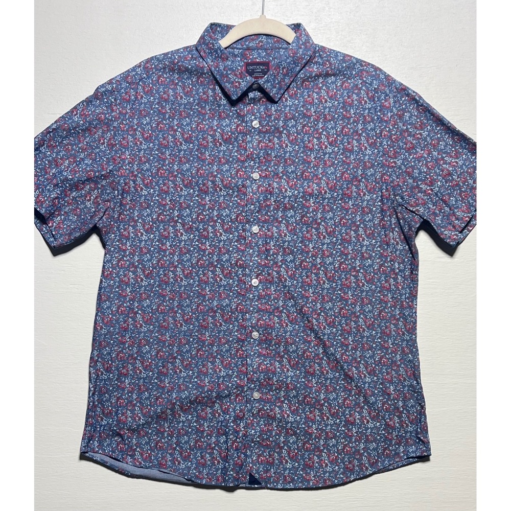 UNTUCKit Hartwell Men Large Blue Red Floral Short Sleeve Button Down Shirt 40646 - Picture 2 of 6
